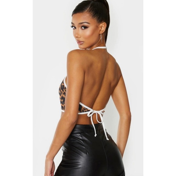 Pretty little thing Black Leopard Contrast Binding Halterneck Crop top - Picture 2 of 10